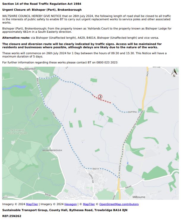 Urgent closure notice for Bishoper (Part), Brokenborough commencing 26th July 2024