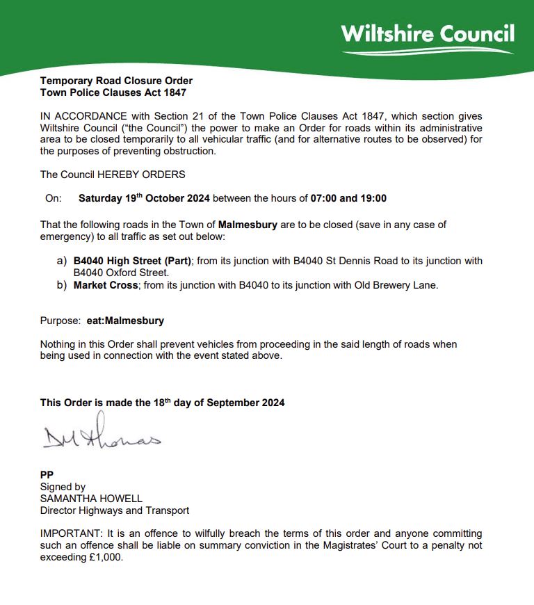 Temporary Closure of: B4040 High Street (Part) and Market Cross, Malmesbury - Saturday 19 October 2024 eat:Malmesbury