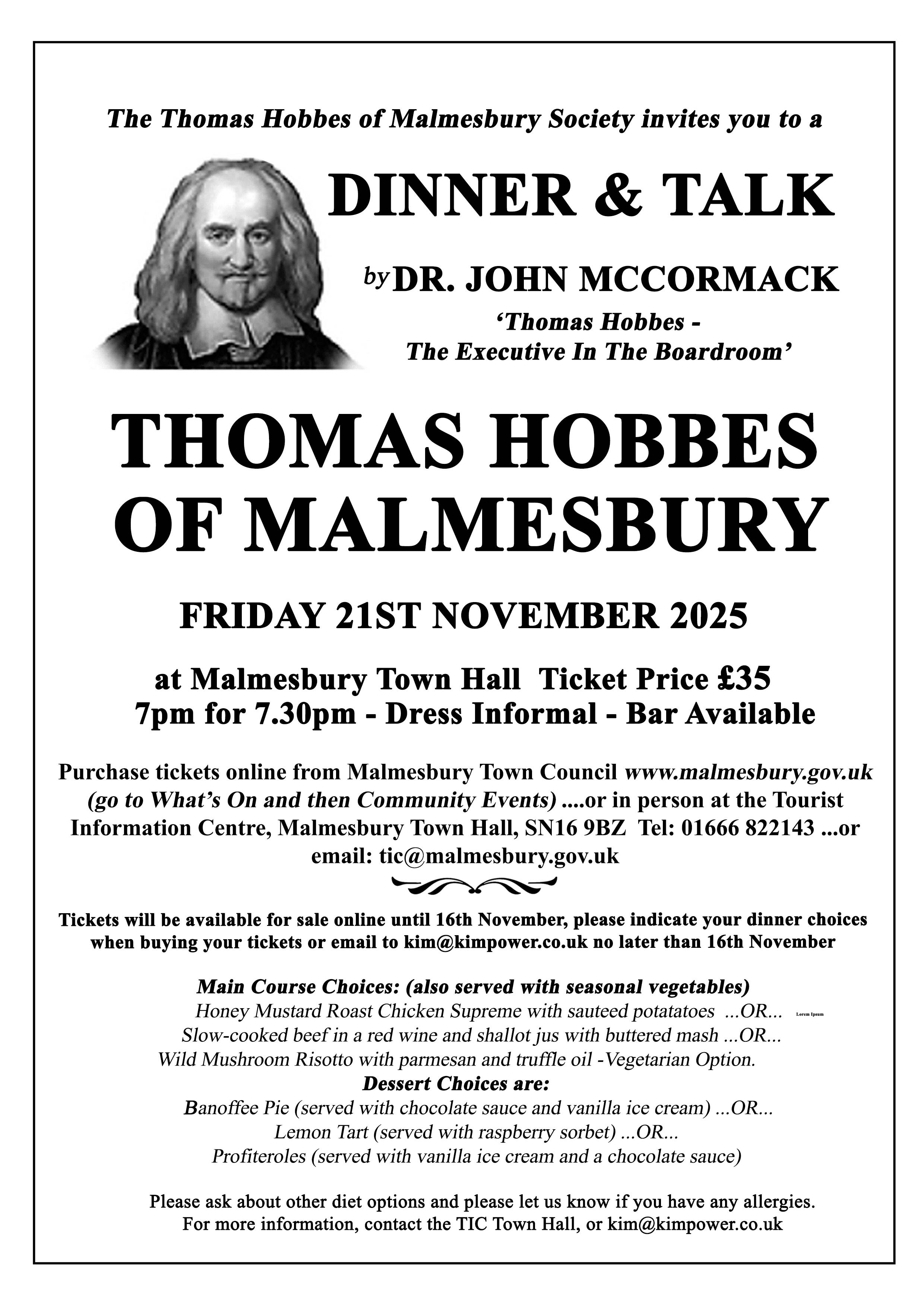 Thomas Hobbes of Malmesbury Society - Dinner & Talk Fri 21st Nov 2025