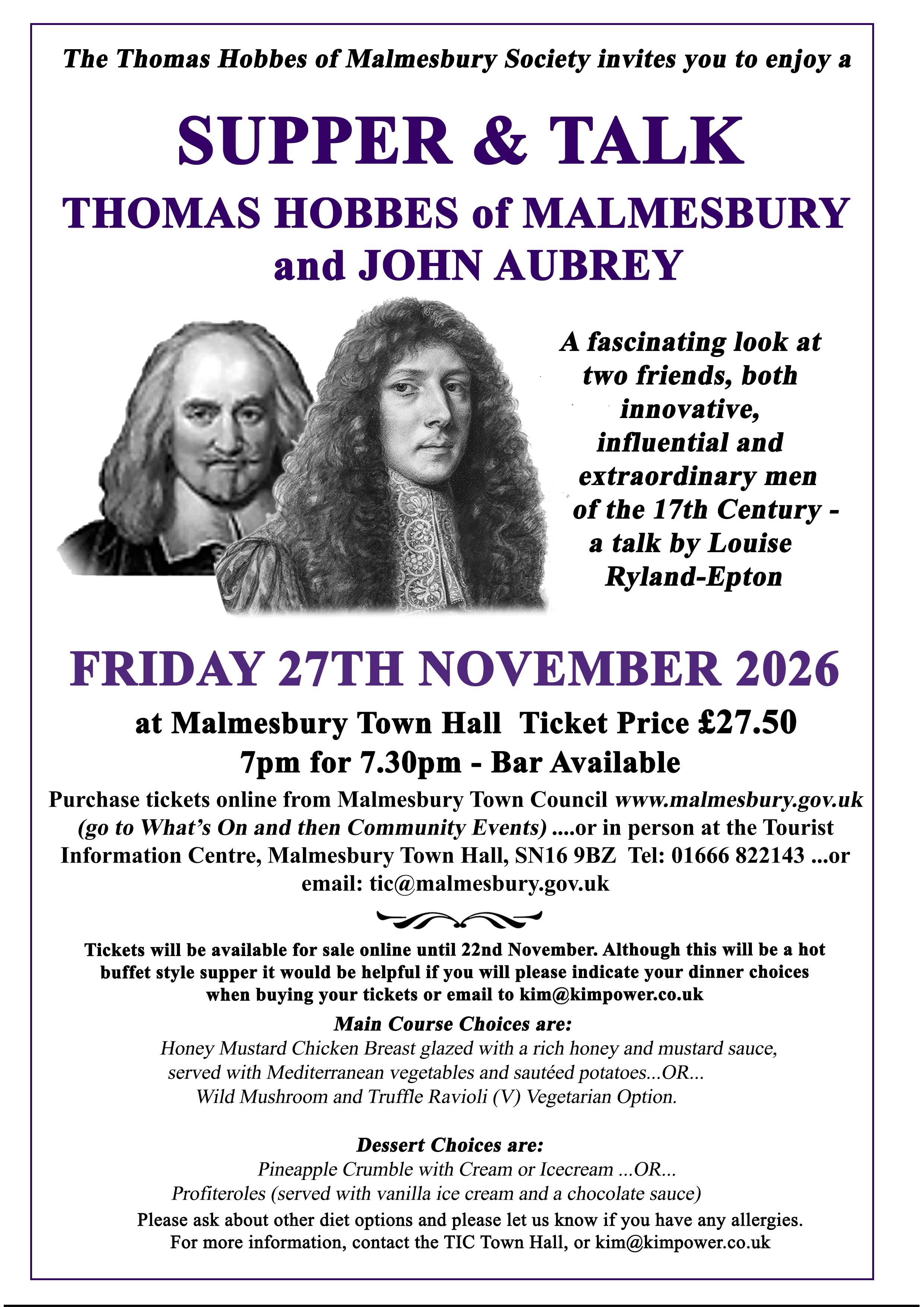 Thomas Hobbes of Malmesbury Society - Dinner &amp; Talk Fri 27th Nov 2026