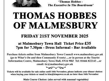 Thomas Hobbes of Malmesbury Society - Dinner & Talk Fri 21st Nov 2025